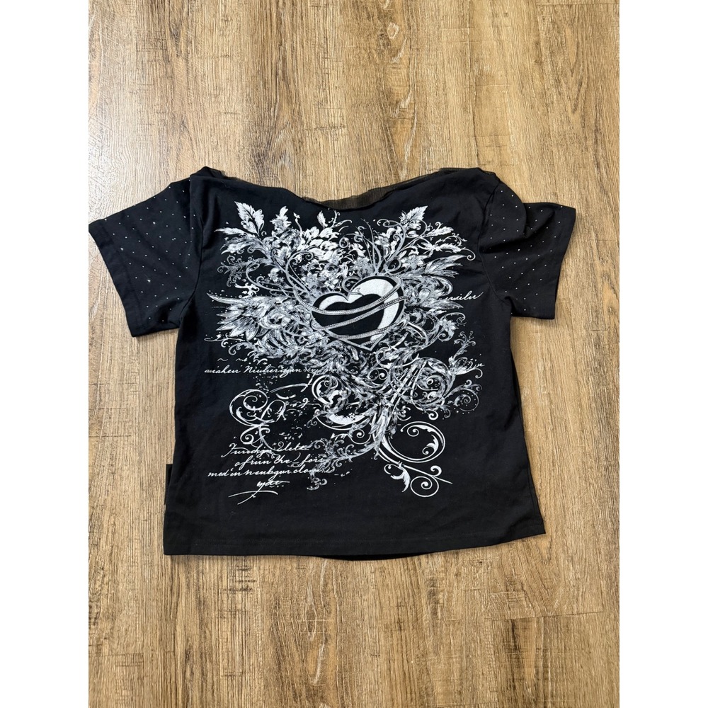 Y2K Graphic Heart Rhinestone Sleeve Back Cutout Top Black Size L FK11112